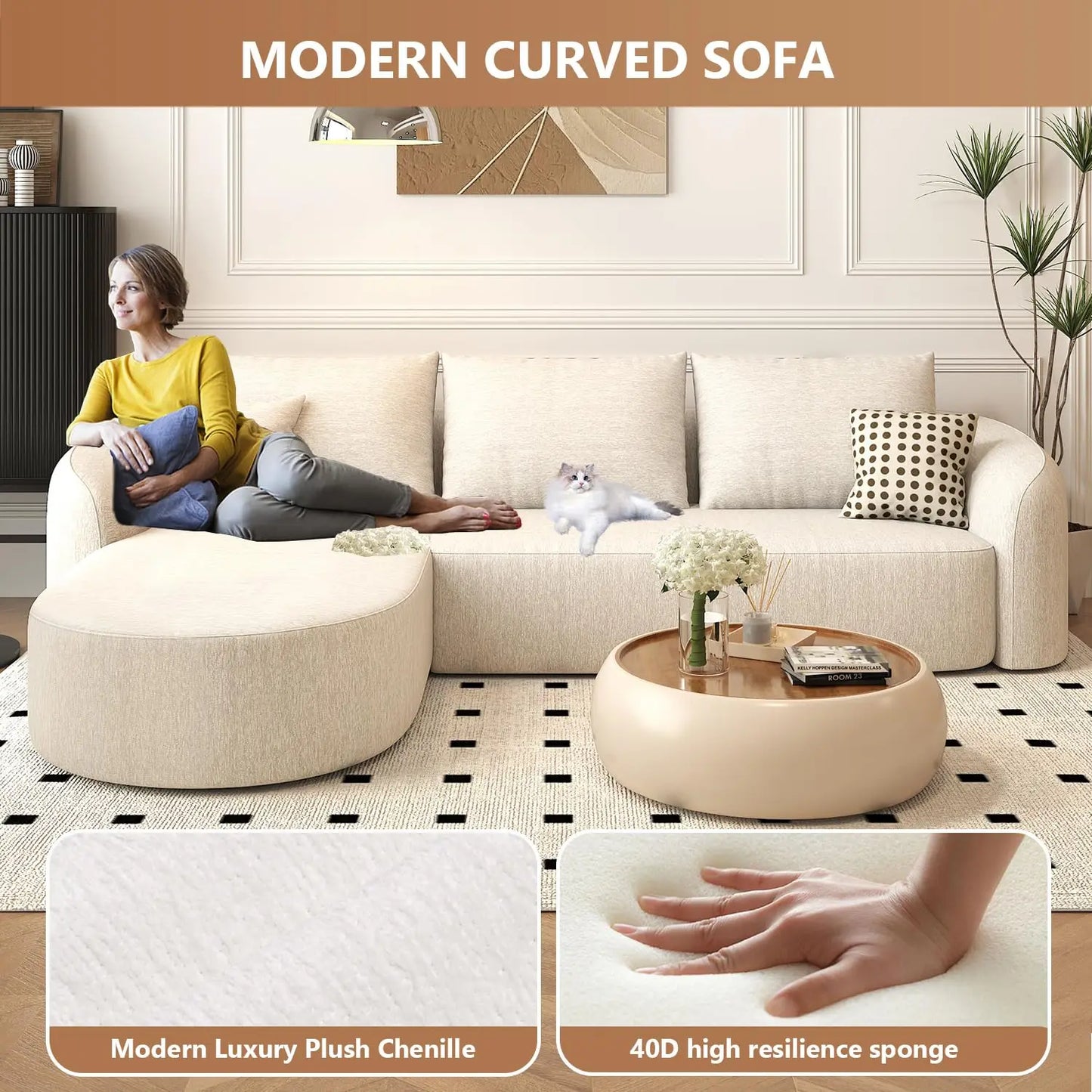 111" Modular Sectional Couches Luxury Modern Curved Back Sofa,Minimalist Comfy L-Shape Boneless Cloud Couch for, Customized