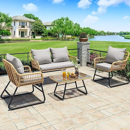 4-Piece Patio Furniture Wicker Outdoor Bistro Set, All Weather Rattan Loveseat Gray Rope Conversation Sets with Soft Cushions a