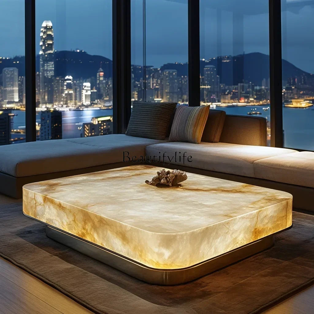 Square luxury stone leather luminous jade coffee table large flat-floor villa living room modern marble