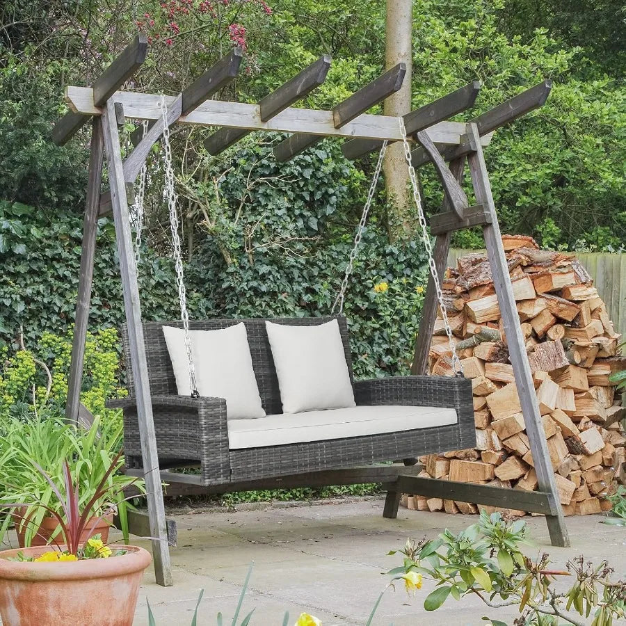 2Person Outdoor Porch Swing Bench with Heavy Duty Frame for Patio Balcony Garden Rustproof Chains and Comfortable Cushions for