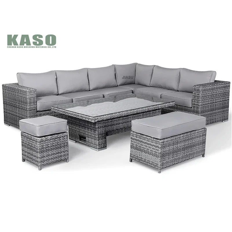 4 Piece Modern Luxury Dining Metal Aluminum Wicker Rope Ratan Sofa Garden Set With Fire Pit Outdoor Rattan Patio Furniture Set