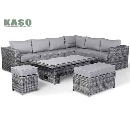 4 Piece Modern Luxury Dining Metal Aluminum Wicker Rope Ratan Sofa Garden Set With Fire Pit Outdoor Rattan Patio Furniture Set