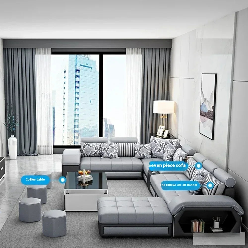Linlamim Fabric Sofa Set Furniture Living Room Sofa Set with USB and Stools / Big U Shape Cloth Couch Sofas for Home Furniture