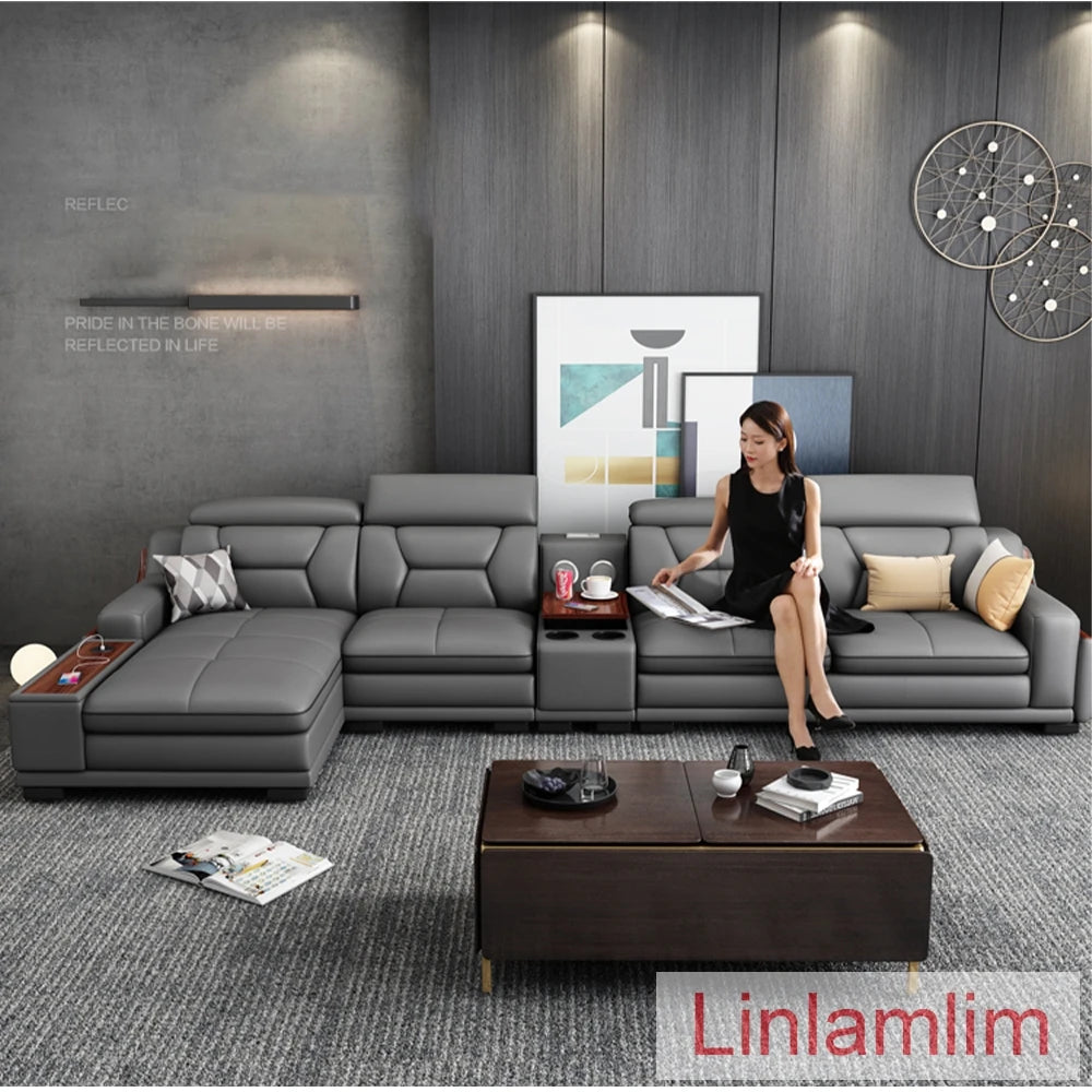 Beautify Your Living Room with Linlamlim Italian Genuine Leather Sofa - Bluetooth Speaker, Adjustable Headrests and USB Charging