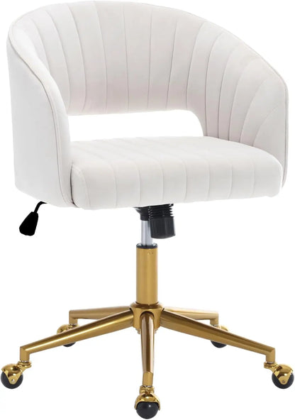 Modern Velvet Swivel Desk Chair, Height Adjustable Armchair with Gold Base, Ergonomic Office Chair for Home Office, Cream