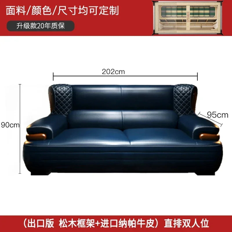 The first layer leather sofa high-grade villa solid wood high-end living room modern simple apartment blue Nordic style custom