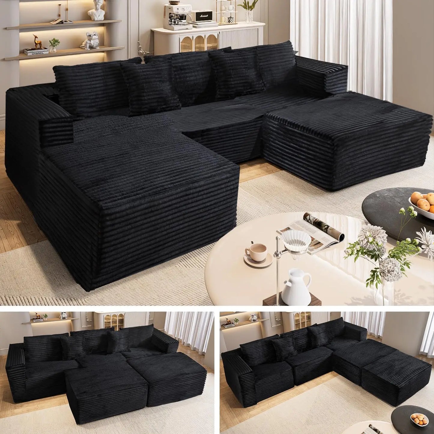 110" Modular Sectional Couch with 2 Movable Ottoman,3-Seater Boneless Cloud Sofa Couches for Living Room, U Shaped Comfy Sofa,Lu