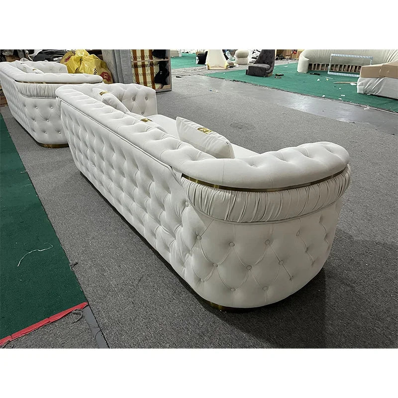 Luxury Rose Gold Leg White Chesterfield Sofa Velvet Fabric Button Tufted Living Room Couch Set Furniture