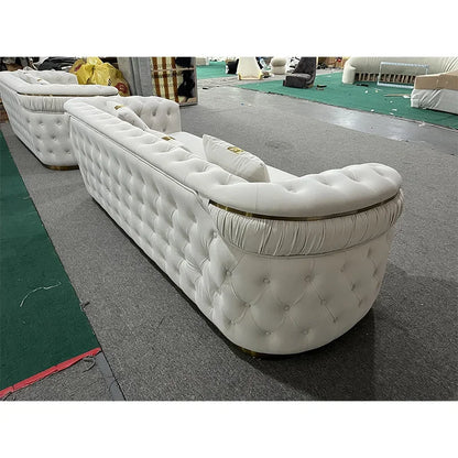 Luxury Rose Gold Leg White Chesterfield Sofa Velvet Fabric Button Tufted Living Room Couch Set Furniture
