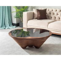 Table basse en spirale en bois – Table décorative moderne et élégante avec plateau en verre, design artisanal – Salons