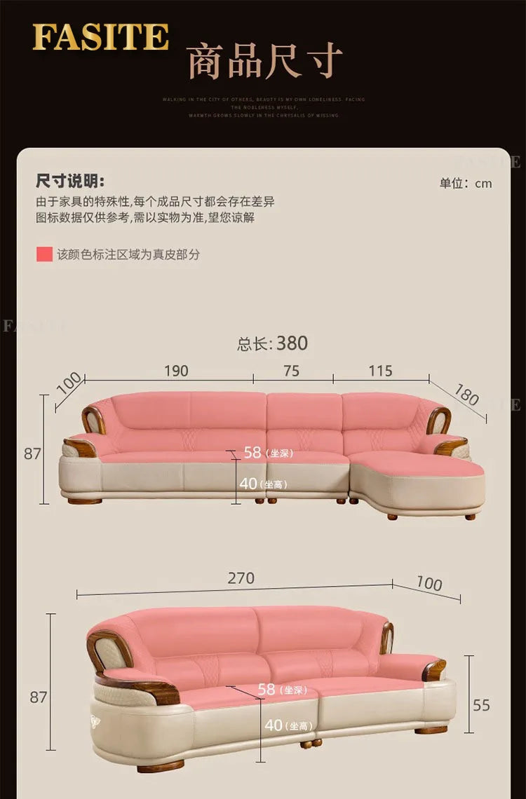 New Chinese leather sofa first layer cowhide ebony wood Italian light luxury sofa living room combination U solid wood furniture
