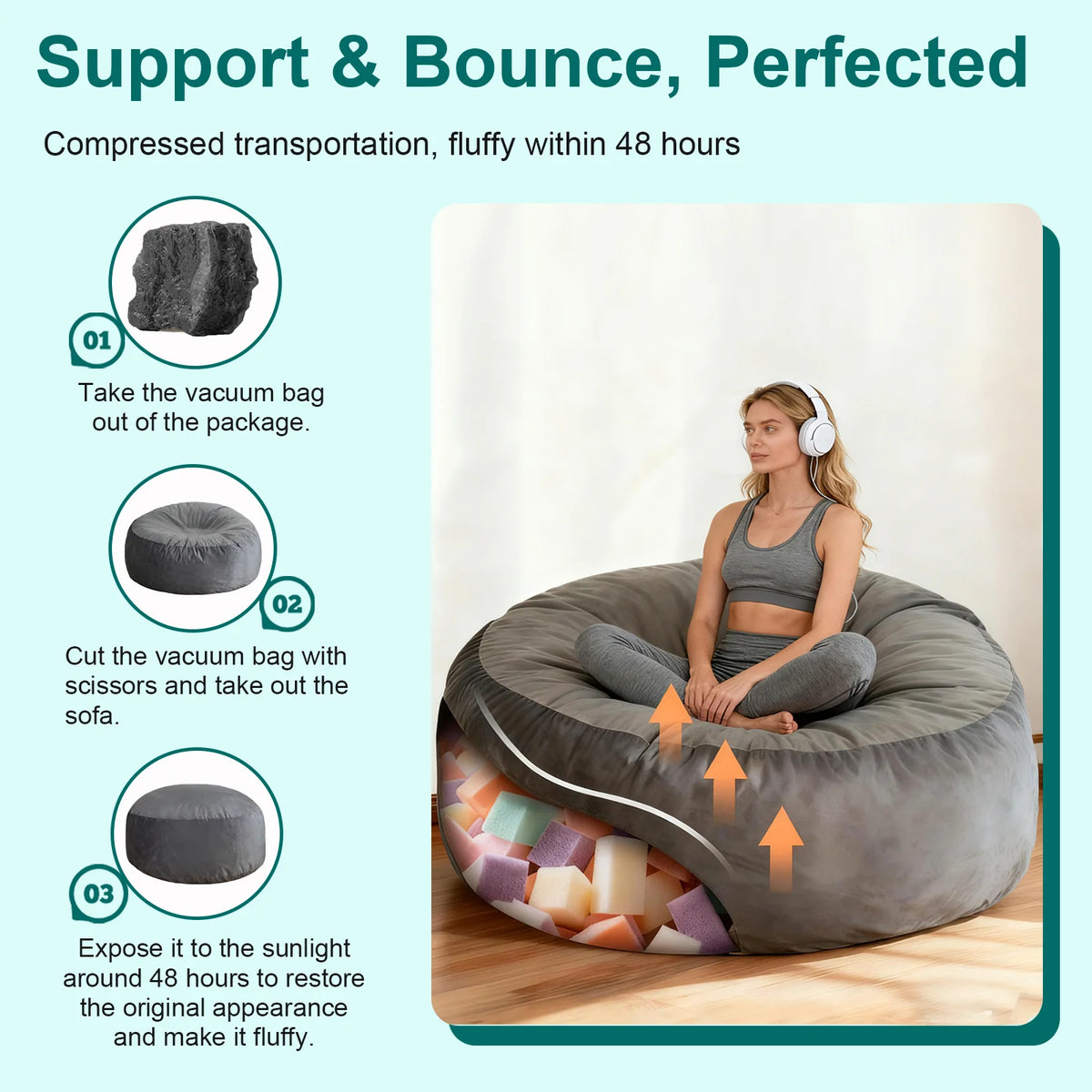 Bean Bag Chair for Adults,6FT Oversize Floor Bean Bags Offers Ample Space for Adults,Memory Foam Giant Bean Bags,Lounger Versati