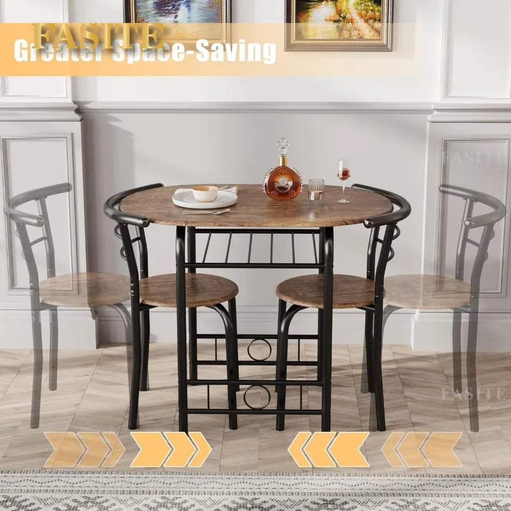 3Piece Wooden Round Table&Chair Set,Space Saving Wood Grain Tabletop with Metal Frame Built for Kitchen,Dining Room(Brown/Black)