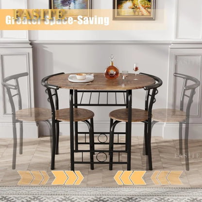 3Piece Wooden Round Table&Chair Set,Space Saving Wood Grain Tabletop with Metal Frame Built for Kitchen,Dining Room(Brown/Black)