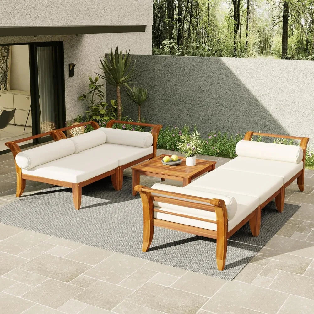 6 Piece Patio Sofa Set, Acacia Wood Outdoor Modular Sectional Garden Furniture Set L-Shaped Conversation Set,Convertible Daybed