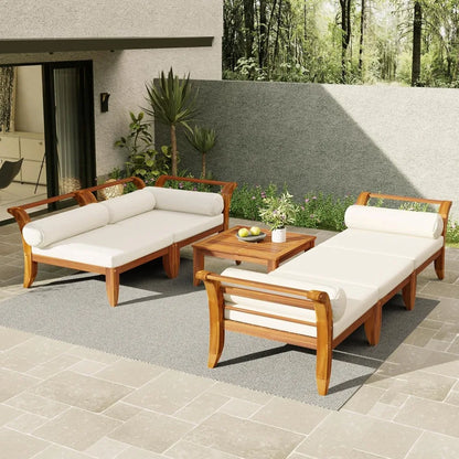 6 Piece Patio Sofa Set, Acacia Wood Outdoor Modular Sectional Garden Furniture Set L-Shaped Conversation Set,Convertible Daybed