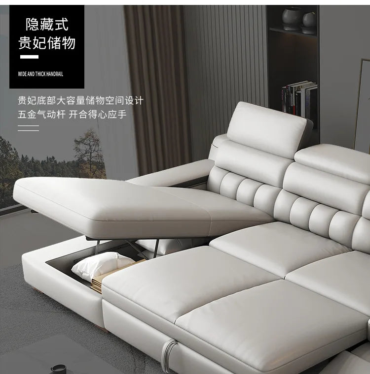 Electric function, leather sofa bed, first layer cowhide, small apartment, living room, modern, simple