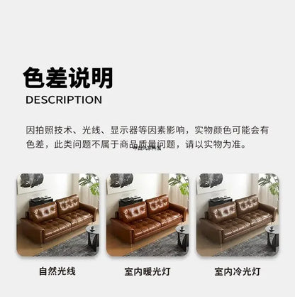 Medieval oil wax leather creative sofa living room retro old caramel color large straight row sofa