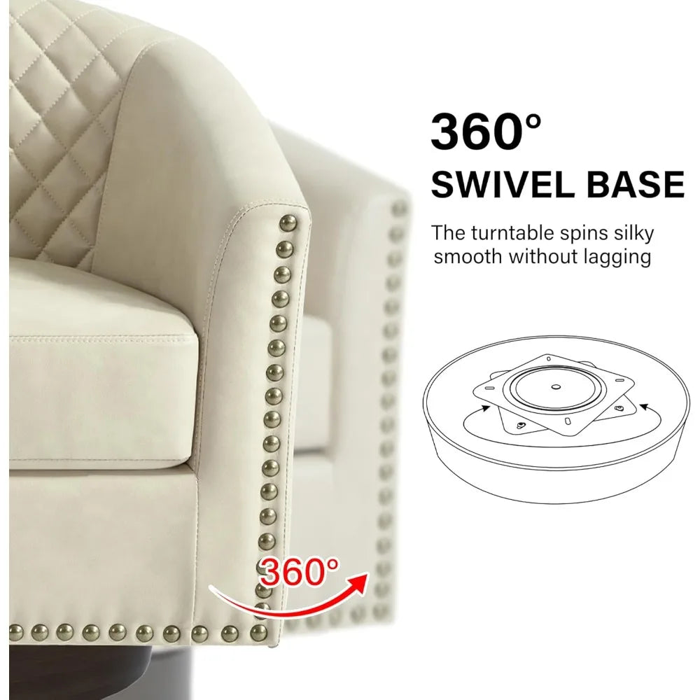 Swivel Barrel Accent Chairs, Comfortable Modern Upholstered Round Faux Leather Armchairs for Living Room and Bedroom, Beige, Set