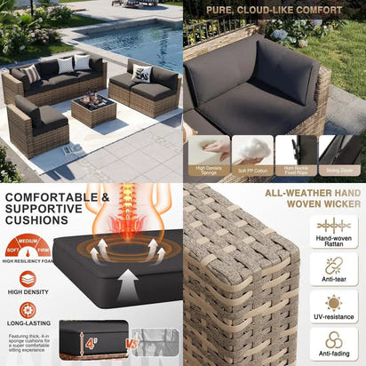 7-piece outdoor patio furniture set with plush cushions - wicker conversation sectional sofa