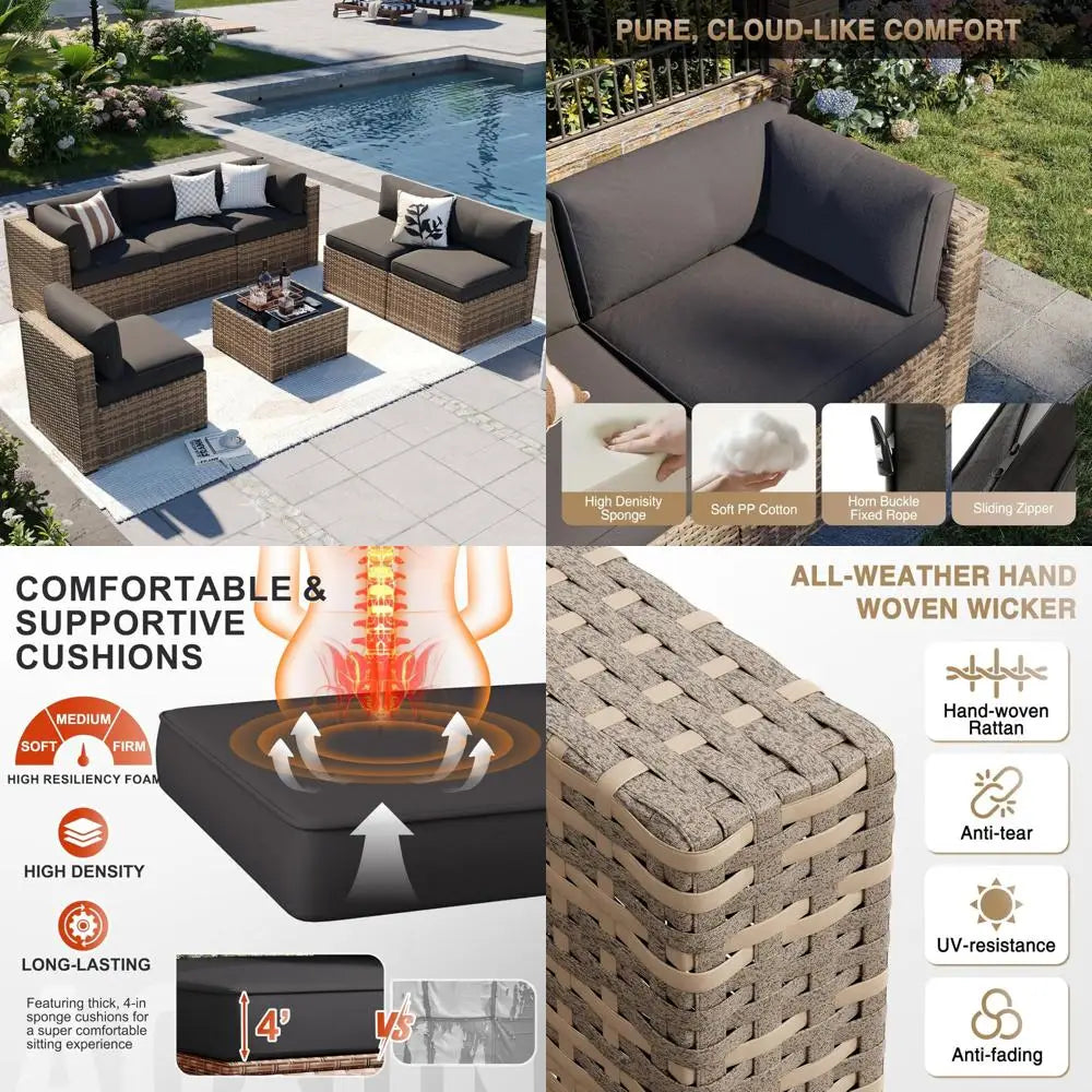 7-piece outdoor patio furniture set with plush cushions - wicker conversation sectional sofa