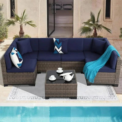 Brown Rattan Sectional Sofa Set with Cushions and Coffee Table for Outdoor Patio