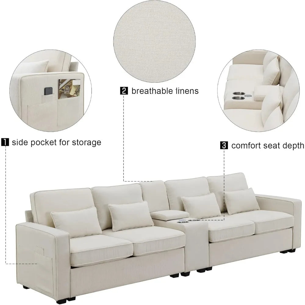 Upholstered Sectional Sofa with Console, 2 Cup Holders and 2 USB Ports & Wirelessly Charged, Modern Linen Fabric 4-Seat Couch
