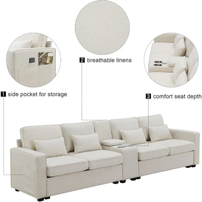 Upholstered Sectional Sofa with Console, 2 Cup Holders and 2 USB Ports & Wirelessly Charged, Modern Linen Fabric 4-Seat Couch