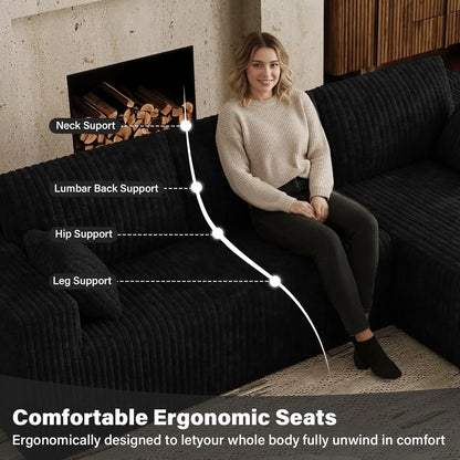 Cloud Couch Sectional Modular Sofa, 103 Comfy Black L Shaped Boneless Couches for Living Room, Deep Seat Plush Corduroy Couch Se
