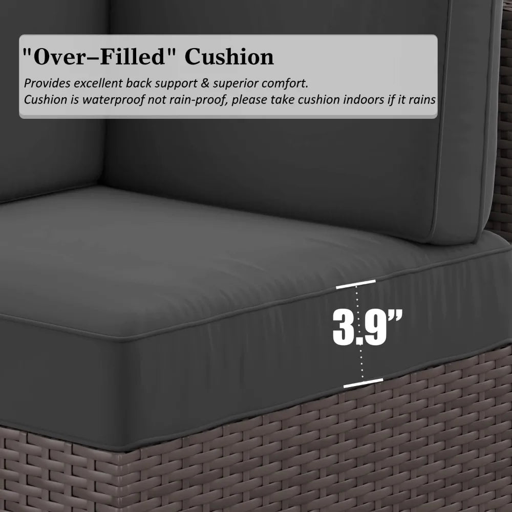 brown rattan outdoor patio furniture set with 44" fire pit and sectional sofa for conversation