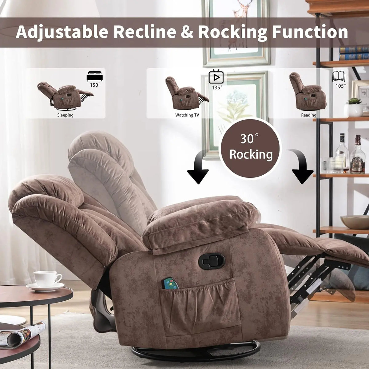 Massage Rocker Recliner with Heat and Vibration, 360 Degree Swivel Manual Antiskid Fabric Single Sofa Heavy Duty Reclining Chair