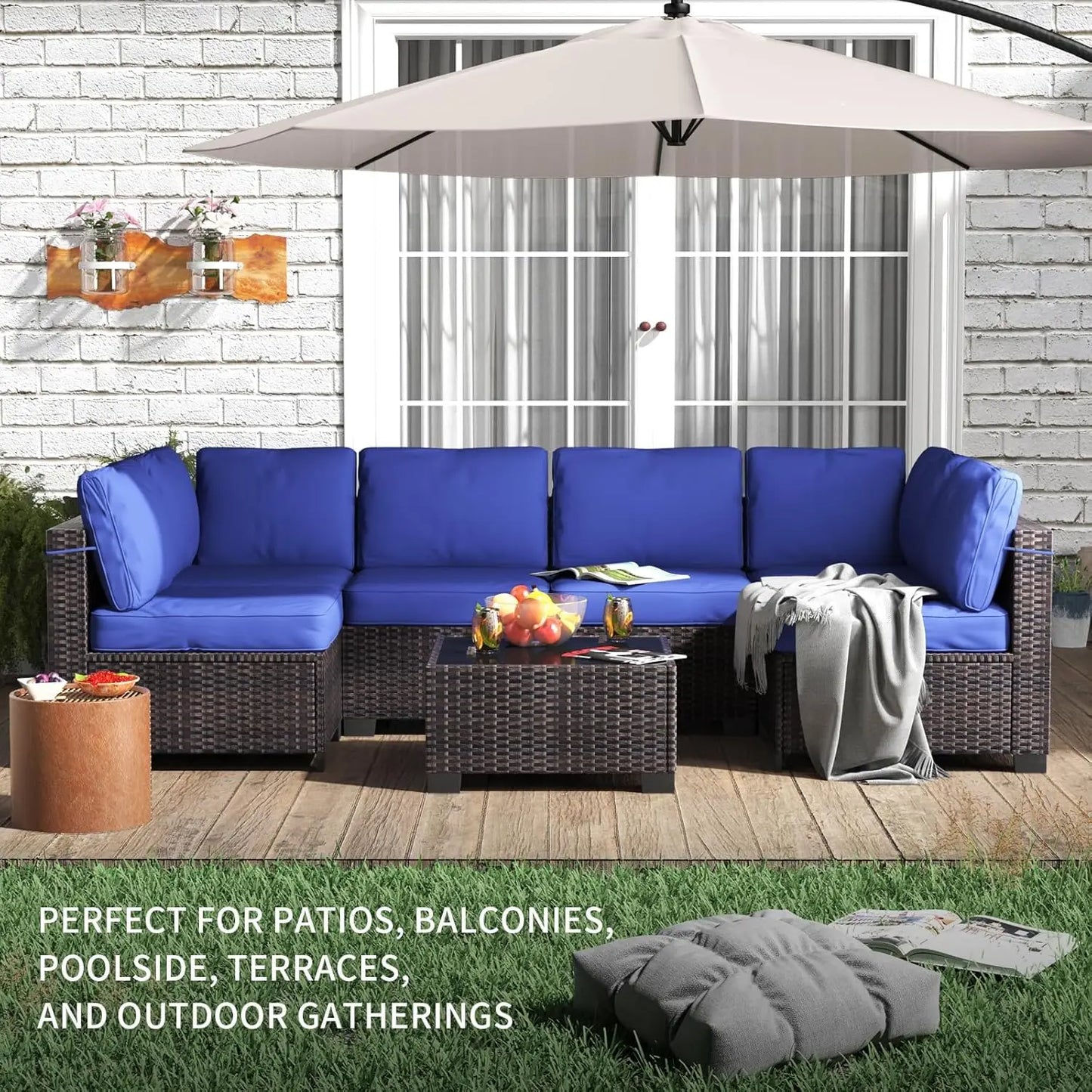 Outdoor Patio Sectional Sofa Set with 5 Pieces, PE Wicker Furniture, Conversation Area with Washable Cushions