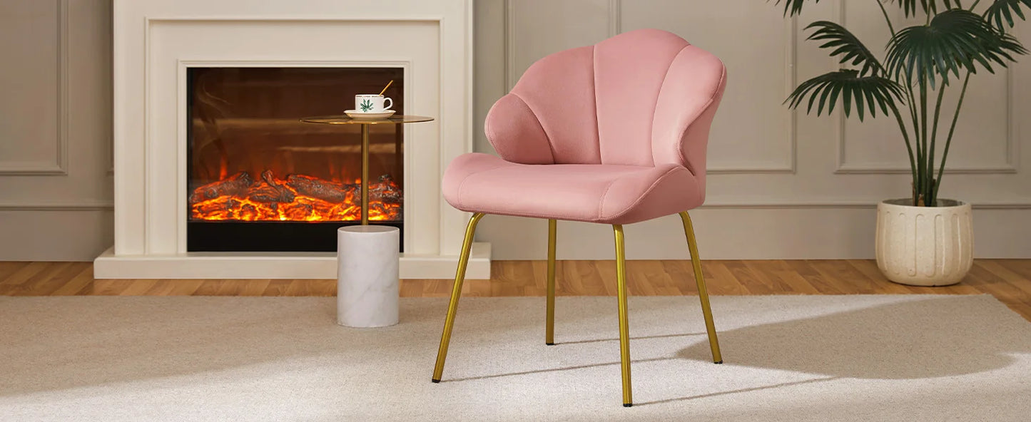 Velvet Accent Chair with Shell-Shaped Backrest, Modern Armchair with Gold Metal Legs for Dressing Room/Bedroom/Living Room