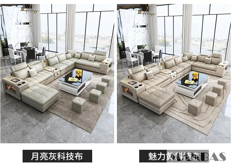 MANBAS Modern U-Shaped Fabric Sectional Sofa Set with Storage, Cup Holders, Speaker, USB, Bookshelf and Stools for Living Room