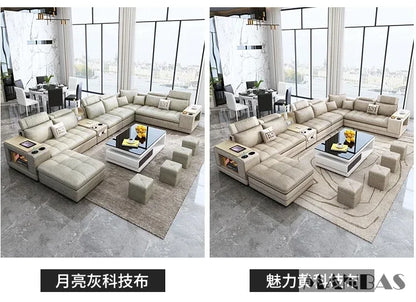 MANBAS Modern U-Shaped Fabric Sectional Sofa Set with Storage, Cup Holders, Speaker, USB, Bookshelf and Stools for Living Room