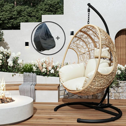 Hanging Egg Chair with Stand, Oversized Patio Swing Chair with Stand and Cushion, Hammock Wicker Rattan Lounge Chair