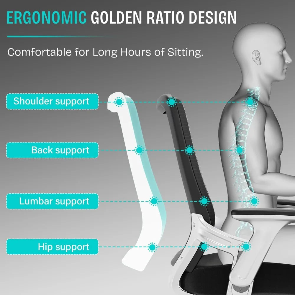 Ergonomic Office Chair with Adjustable Lumbar Support, Flip-up Arms, Tilt Function, Wide Mesh Seat