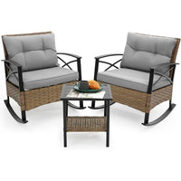 outdoor rocking chairs set - 3 pieces grey patio bistro set outside furniture 2 wicker rocker chairs with grey cushions and tabl