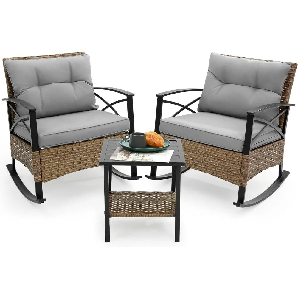outdoor rocking chairs set - 3 pieces grey patio bistro set outside furniture 2 wicker rocker chairs with grey cushions and tabl