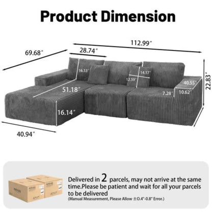 Modern Minimalist Sectional Sofa: L-Shape Cloud Couch with Deep Seats Right Chaise - Black
