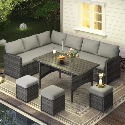 All-Weather Wicker Outdoor Sectional Sofa Set with Patio Dining Table and Chairs