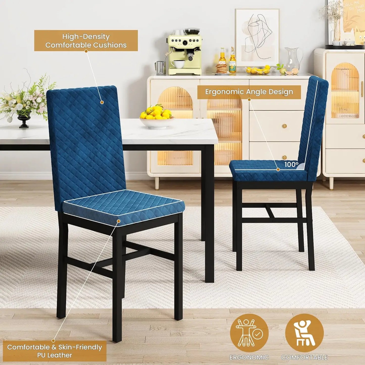 Dining Table Set for 4 Kitchen Table and Chairs Set of 4 Faux Marble Kitchen and Dining with Velvet Upholstered Dinner Chairs