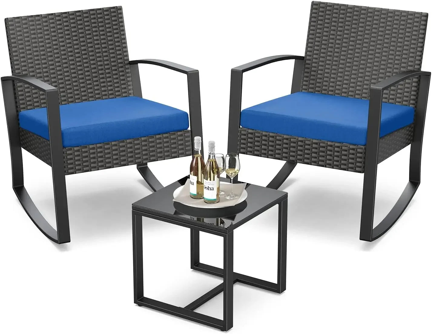 %a Patio Furniture Set Rocking Bistro Set Outdoor Rattan Conversation with Coffee Table for Garden Balcony Backyard