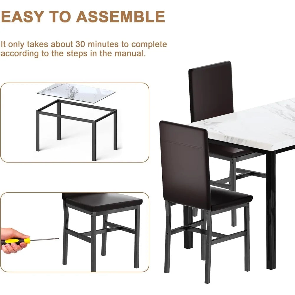 DKLGG Dining Table Set for 4, Modern Kitchen & Dining Room Sets Faux Marble Table with 4 Leather Chairs for Small Space, Home Ki