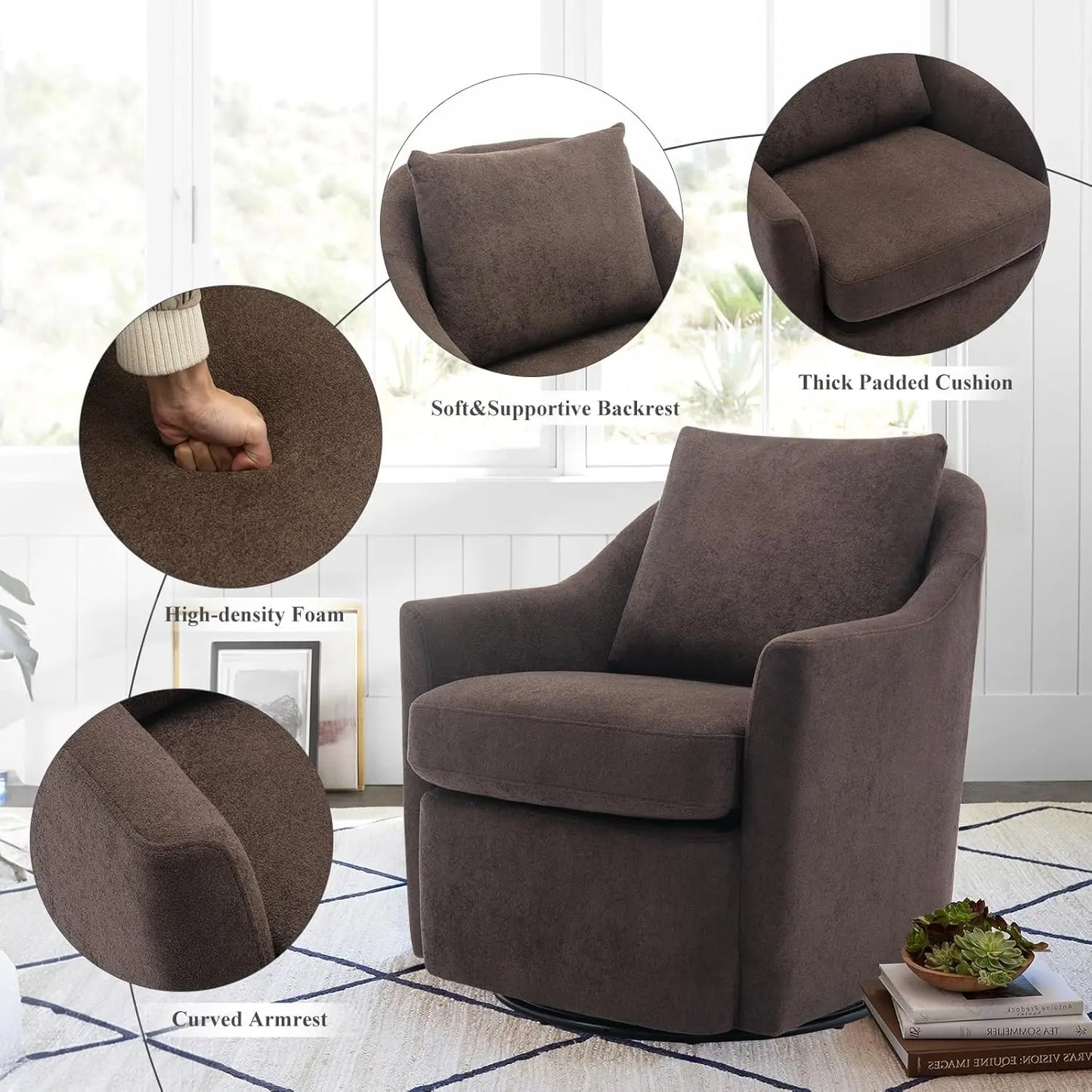 Swivel Accent Chair, Living Room Chair Upholstered 360° Swivel Chair Modern Reading Armchair for Bedroom/Office/Nursery,