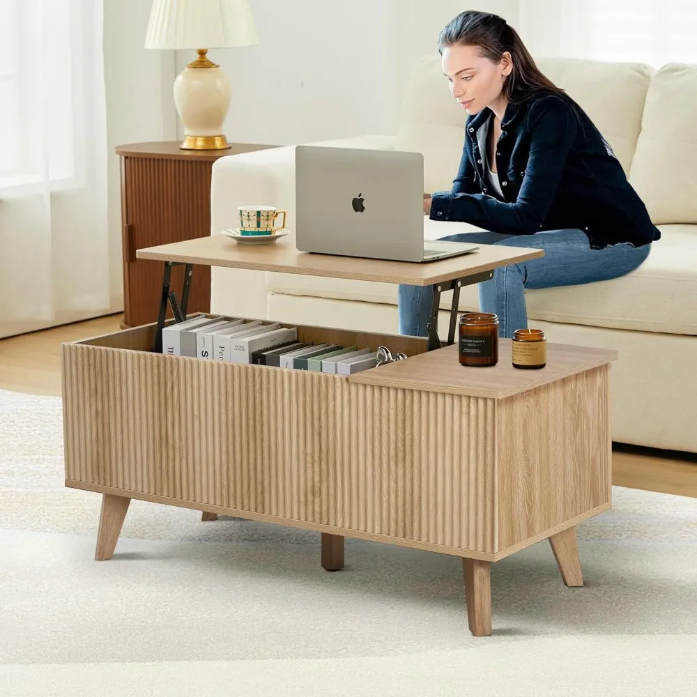 Wooden Fluted Lift Top Coffee Table with Hidden Compartment, Modern Rectangle Center Tables with Adjustable Storage Shelf, Lift