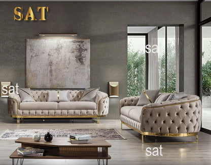 Luxury 2-3 Seater Chesterfield Sofa Hot Sales Gold Stainless Steel Frame Velvet Upholstery Sponge Filling for Hotel Home Use