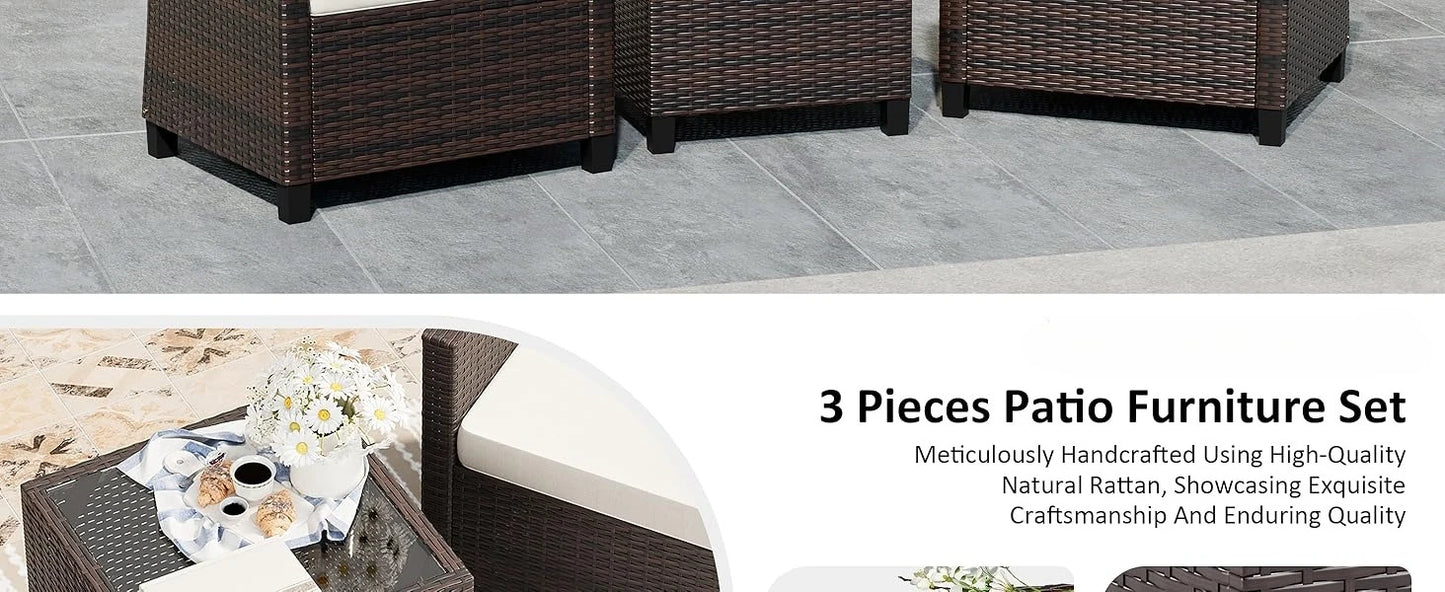 3 Pieces Patio Furniture Set 3 Pieces PE Rattan Wicker Chairs with Table Outdoor Furniture Brown Rattan with White Cushion
