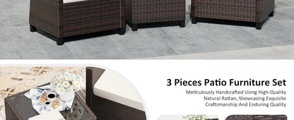 3 Pieces Patio Furniture Set 3 Pieces PE Rattan Wicker Chairs with Table Outdoor Furniture Brown Rattan with White Cushion