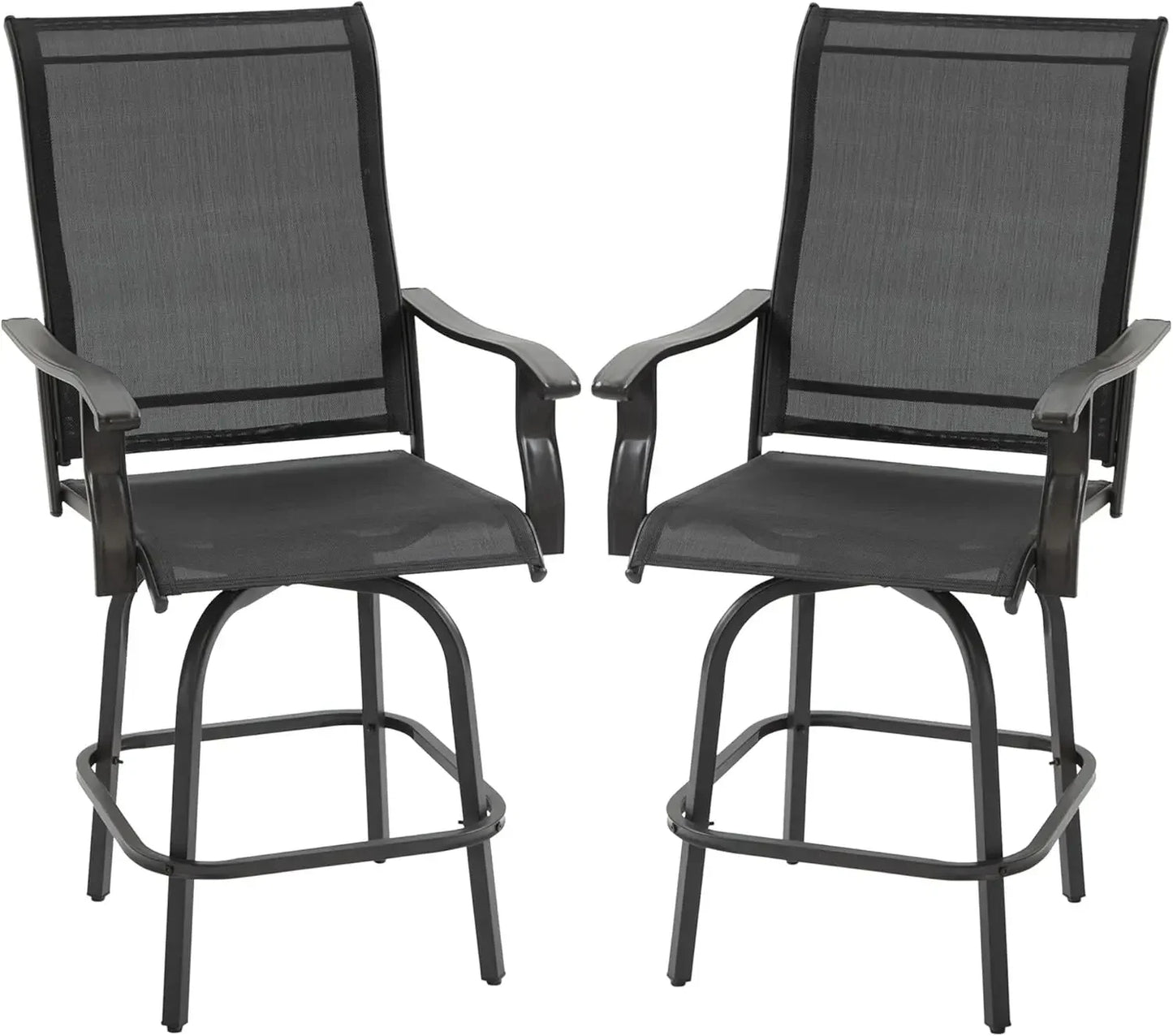 Set of 2 Outdoor Swivel Bar Stools with Armrests, Bar Height Patio Chairs with Steel Frame for Balcony, Poolside, Backyard